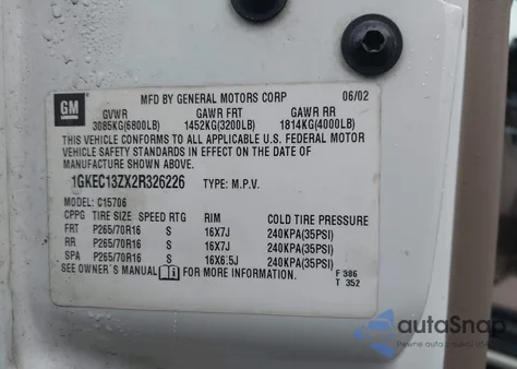 2002 GMC Yukon Slt z USA, uszkodzony, nr VIN 1GKEC13ZX2R326226